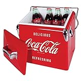 Coca-Cola Retro-Eistruhe-Kühler mit Flaschenöffner, 13 l (14 qt), 18 Dosen Fassungsvermögen, Rot und Silber, Vintage-Stil, Eiskübel für Camping, Strand, Picknick, Wohnmobil, Grillen, Heckklappe,