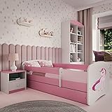 Kinderbett Jugendbett 70x140 80x160 80x180 Rosa mit Rausfallschutz Schublade und Lattenrost Kinderbetten für Mädchen - Einhorn 140 cm