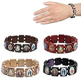 Zhongdawei Heiliges Armband, 4 Stück Holz Rosenkranz Jesus Armband Elastischer Stretch Armreif mit Bildern von religiösen Heiligen Katholischen Heiligen Göttin Gebet Manifestation Armband