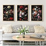 Blumen-Stillleben Gemälde dunkle Blumen klassische Kunst Poster und Drucke Galerie Wandkunst Leinwand Gemälde Bilder 50X70cmx3 kein Rahmen