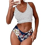 ZAFUL Damen Streifen Knot Bikini Set Floral Bottom Tankini Blau M