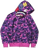 PADOLA Herren Kapuzenpullover Bape Hoodie Shark 3D Camouflage Druck Jacke Straßenmode mit Reißverschluss Causal (1 Lila Add 2, S)