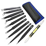 MNBS ESD Pinzetten Set 10Stk Präzisions Antistatisch Edelstahl + Brechstange Toolkit,Reparatur Werkzeug,Modellbau Pinzette für Computer Elektronische Reparaturen Schmuck Präzisionsarbeit Laborarbeit
