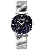 HANNAH MARTIN Sternenhimmel Damen Uhren Analog Quarz Edelstahl Wasserdicht Mesh Ultradünne (Schwarz Oberfläche ，Silber Armband)