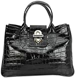 Belli Echt Leder Handtasche italienische Damen Ledertasche Umhängetasche Henkeltasche in schwarz lack kroko - 36x25x18 cm (B x H x T)