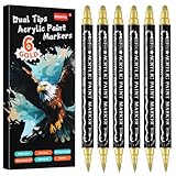 6 Gold Acrylstifte Metallic Stifte Wasserfest, Spülmaschinenfest Bemalen für Steinen, Porzellan, Glas, Leinwand, Keramik, Holz, Metall, Kunststoff, Schnelltrocknend, Ungiftig und Geruchsneutra