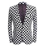 SMBHIAON Slim Fit Blazer Für Herren - Schwarz-Weiß Karierter Aufdruck Reverskragen EIN-Knopf-Anzug Langarm Anzugjacke, Große Größe Mit Tasche Frack Hochzeits-Business-Blazer,Schwarz-Weiß,M