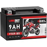 LANGZEIT YTX9-BS Motorradbatterie 12V 9Ah 190A/EN Gel Batterie 12V doppelte Lebensdauer entspricht 50812 CTX9-BS ETX9-BS GTX9-BS vorgeladen auslaufsicher wartungsfrei ersetzt 8Ah