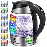 FOR ME Glas Elektrischer Wasserkocher 1,8L, Temperatureinstellung, Temperaturwahl 40°C bis 100°C, 7 Farben LED-Beleuchtung, Warmhaltefunktion, BPA-Frei