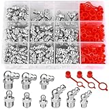 MirraSwit 270 Stück Schmiernippel Sortiment Kit, M6 M8 M10 Gerade Abgewinkelt 45°90° Abschmiernippel Kegelnippel Set, Kegelschmiernippel mit Schutzkappe für Schmierpressen, Hydraulische Fettbeschl