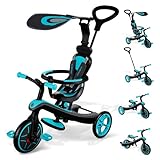 GLOBBER Explorer Trike 4in1 – Kinderwagen, Dreirad und Laufrad, 10/8,5 Zoll, TPR-Sitz, höhenverstellbar, türkis