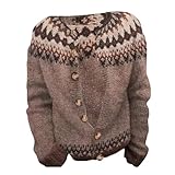 Generisch Damen Strickjacke mit Norweger-Muster - Cardigan im Island-Stil mit Knopfleiste | Lässige Strickjacke für den Herbst