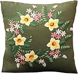 PAIKIUU Stickset DIY Kissen Kit Kissenbezug Bastelset Dunkelgrün DIY Kissenbezug für Erwachsene Anfänger, Handnäh Stickset mit Blumenmustern und Stickrahmen Ohne Kisseneinsatz Weiß