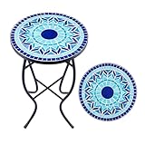 VONLUCE Mosaik Beistelltisch Runder Retro Mosaiktisch Metalltisch Kaffeetisch 35,5x54,5cm Blumenhocker Blumenständer Pflanzenständer Blumenregal mit Mosaikplatte 14" Balkontisch (Blau)