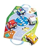 Hape Plüschauto-Set mit Rückziehmotor, bestehend aus Feuerwehrauto, Polizeiauto, Krankenwagen und Taxi mit ausklappbare Aufbewahrungstasche - gleichzeitig Spielmatte