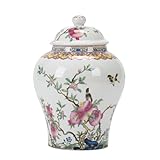 fanquare Weiß Ingwer Gläser mit Deckel Chinesisch Porzellan Tee Kanister Geburtstag Pfirsiche dekorative Blume Vase, 900ML Keramik Lagerung Jar Tee Kaffee Zucker für Haus Küche 19.5CM