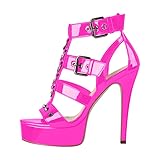 blingqueen Gotische Sandalen Punk Sandaletten High Heels T-Riemen Schaftsandalen mit Nieten Schnallen Lack Viva Magenta 42 EU