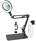 SAVSOO 20 Dioptrien Lupe mit Licht und Ständer, Touch-Steuerung, 2-in-1 LED Lupenleuchte, Schreibtischlampe mit großem Sockel und Klemme, 3 Farbmodi Dimmbare, Lupenlampe für Hobby Basteln,Schwarz