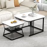 Merax Quadratisch Couchtisch 2er Set, Moderne Wohnzimmertisch mit Marmoroptik, Hochglänzend Satztisch mit Stauraum, für Wohnzimmer, Balkon und Büro, Metallgestell, Weiß und Schwarz
