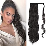 FESHFEN 60 cm Lang Gewickelt Pferdeschwanz Extensions Lockig Clip in Ponytail Wavy Curly Synthetik Haare Extensions Haarverlängerung Zopf Haarteil Ponytail für Frauen, Dunkelstes Braun