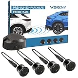 VSG24 Premium Einparkhilfe hinten zum nachrüsten am Auto, PDC Parksensoren hinten mit Stecksystem für einfachste Montage Rückfahrwarner mit Lautsprecher & 4 Sensoren Parkhilfe Nachrüstsatz Schwarz
