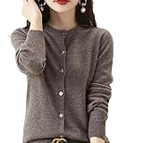 Strickjacke aus Kaschmir mit Rundhalsausschnitt für Damen, Frühling, Herbst und Winter, lange Ärmel, einfarbig, weich, coffee, M