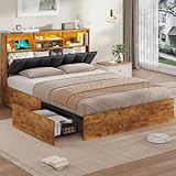 AOGLLATI Bett 140×200 cm, Polsterbett mit Ladestation und LED-Beleuchtung, Doppelbett Stauraumbett mit Stauraum Kopfteil, 4 Schubladen, Lattenrost, ohne Matratze (für 140 x 200 cm Matratze), Schwarz