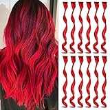 Rot Farbige Haarverlängerungen Clip In für Mädchen 17 Zoll Bunte Lockige Gewellte Haarverlängerungen für Party Highlight Haar Zubehör Haarteile für Kinder Frauen (12 PCS Rot)