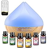500ML Aroma Diffuser, Diffuser mit 6x10ml Diffuser Ätherische Öle Set, 14-Farben-LED, Fernbedienung mit Timer-Einstellung, Auto-Off, Luftbefeuchter für Yoga, Büro, SPA, Schlafzimmer