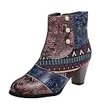 Damen High Heels Stiefeletten - Chunky Heeled British Style Patchwork Kurze Stiefel Ethno Print Gothic Plateau Booties für Frauen Chunky High Heels