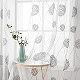 MIULEE Vorhänge mit Florales Stickerei, Gardinen Weiß mit Grau Muste für Wohnzimmer, Schlafzimmer Vorhang Transparent mit Ösen, 2er Set Voile Blumen Durchsichtig Vorhänge, Jeder H 225 X B 140cm