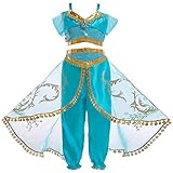 FYMNSI Mädchen Aladdins Göttin Jasmin Kostüm Prinzessin Karneval Cosplay Weihnachten Halloween Party Verkleidung Kinder Blau Pailletten Bauchfrei Top Hose Set Klassisch Ankleiden Outfit 9-10 Jahre