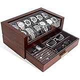 KAMIER Uhrenbox Herren mit 12 Fächern, Luxuriöse Groß Echtholz Watch Box 2 Ebenen, Uhrenkasten mit herausnehmbaren Uhrenkissen und Schublade, Premium Uhrenkoffer mit Glasdecekel (mit Geschenkbox)