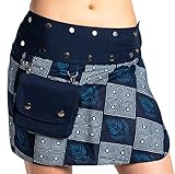 Damen Minirock aus Indien mit Tasche und 2 Mustern zum Wenden, Sommerrock kurz, Wenderock, Wickelrock Goa Gypsy Hüftschmeichler Rock - mit 18 Nieten Druckknöpfen, flexibel, Indigo