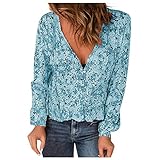 QHDDP fadenkäfer blusen tonno und Panna Langarmshirts für Damen blusenausschnitt Tops wild Pig Hunter Tops roundnet blusen kürzen Oberteile Damen sexy Langarmshirts (Himmelblau,L)