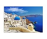 Paul Sinus Art 120x80cm - WANDBILD Santorini Dom Häuser Meerblick - Leinwandbild auf Keilrahmen modern stilvoll - Bilder und Dekoration