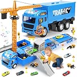 Charmofun LKW Kran mit Doppelter Auswurfschiene, Baustellenfahrzeuge Kinder Spielzeugset – Bagger, Bulldozer, Straßenwalze, Gabelstapler, Drehbarem Kran – Konstruktionsfahrzeuge Geschenk Ab 3 Jahren