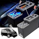 QSULNN Upgrade Mittelkonsole mit Ablagen Staufach Kompatibel mit VW T4 T5 T6 T6.1 T7 Alle Modelle ab 2003-2019, Schwarz Leder Zubehör mit Kabellosem Induktivem Laden, USB- und LED-Leuchten