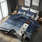 Generisch Bettwäsche 155x220 Maritime Leuchtturm, Weiche Bügelfreie Mikrofaser Bettbezug Set 2tlg, Nautisch Sternenhimmel Muster Schlafzimmer Deko, 1 Kissenbezug 80x80, mit Reißverschluss ZF39