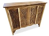 Massivholz Schrank KINAREE II - 100 x 80 cm Echtholz Sideboard aus Thailand mit Schnitzereien im Thai Style in der Farbe Natur