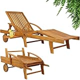 Casaria® Sonnenliege Klappbar Wetterfest Holz Gartenliege 160kg Belastbar mit 2 Räder Ablage Tisch Liegestuhl Verstellbare Rücken- Fußlehne Garten 196cm
