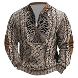 Generisch Pullover Herren Outdoor Half Zip Sweatshirt Nordische Mythologie Viking Tattoos Hoodie, Herren Gothic Mittelalter Vintage Plus Size Streetwear, Weich Warme Arbeitspullover