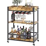 Huhote Servierwagen, Küchenwagen, Barwagen mit Rollen, Weinwagen mit Flaschenhalter, 3 Etagen, Getränkewagen für Wohnzimmer, Esszimmer, Küche, Bar, Party, Braun Holzmaserung