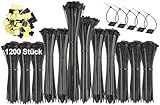 1200 Stück Kabelbinder Schwarz Set 100/150/200/250mm UV Beständig Selbsthemmend für Garten Werkstatt Kabelmanagement Mit 50 Selbstklebende Basishalter