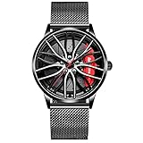 RWXCOW Herren Uhr Kreativ Armbanduhren,Autorad Felgennabenuhr,Auto Rad Felgen Nabe Uhr, Männer Sport Wasserdicht Custom Design Armbanduhr,3D Auto Rad Felge Nabe Quarz Herrenuhr Netzgürtelrot
