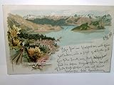 Vitznau von d. Rigi - Bahn. Schweiz. Alte Ansichtskarte / Lithographie farbig, gel. 1898. 3 Ansichten : Blick über Ort, See u. Umland.
