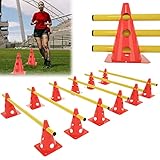 AufuN 6er Steckhürdenset Koordinationstraining, Kegelhürden 12 rote Kegel: 32cm+ 6 gelbe Stangen: 1m, Höhenverstellbar mit Löchern Agility Hürden Steckhürden für Kinder, Hunde, Pferde