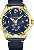 Stuhrling Original Aviator Herrenuhr - Strukturierte analoge Zifferblattuhr in Schwarz, Zifferblatt in Sekundenschnelle, lässiges genähtes Lederband, 3934 Mens Watches Collection (Gold)
