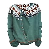Generisch Damen Strickjacke mit Norwegermuster - Geknöpfter Cardigan im Ethno-Stil | Kuschelige Übergangsjacke für den Herbst