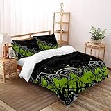 SHOVERKD Grün Schwarz Grau Abstrakt Graffiti Bettbezug Set 3D Gedruckt Microfaser Double（200x200cm）,aus Weicher Microfaser Mit Reißverschluss 3Pcs Für Kinder